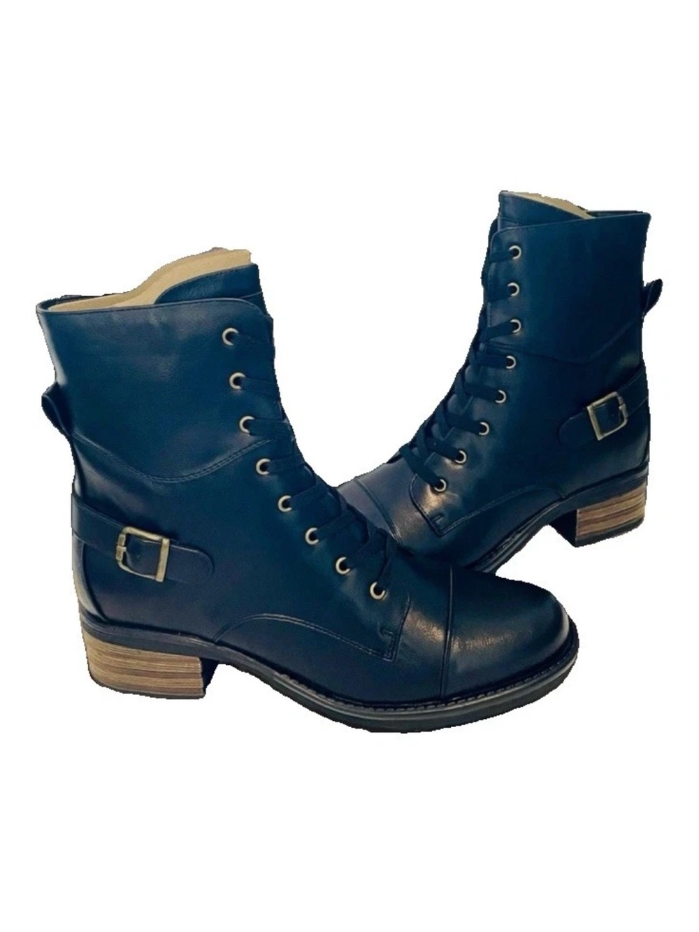 New Indigo Stack Heel Combat Boots Waffle Sole Black Lace Up Ankle Shoes SZ 11